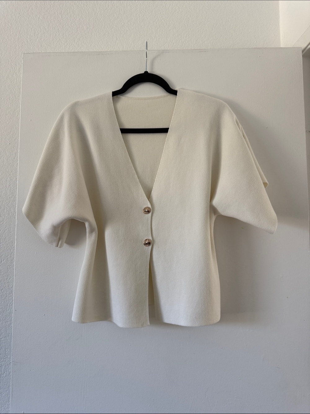 Cream Short Sleeve V-Neck Button Front Top